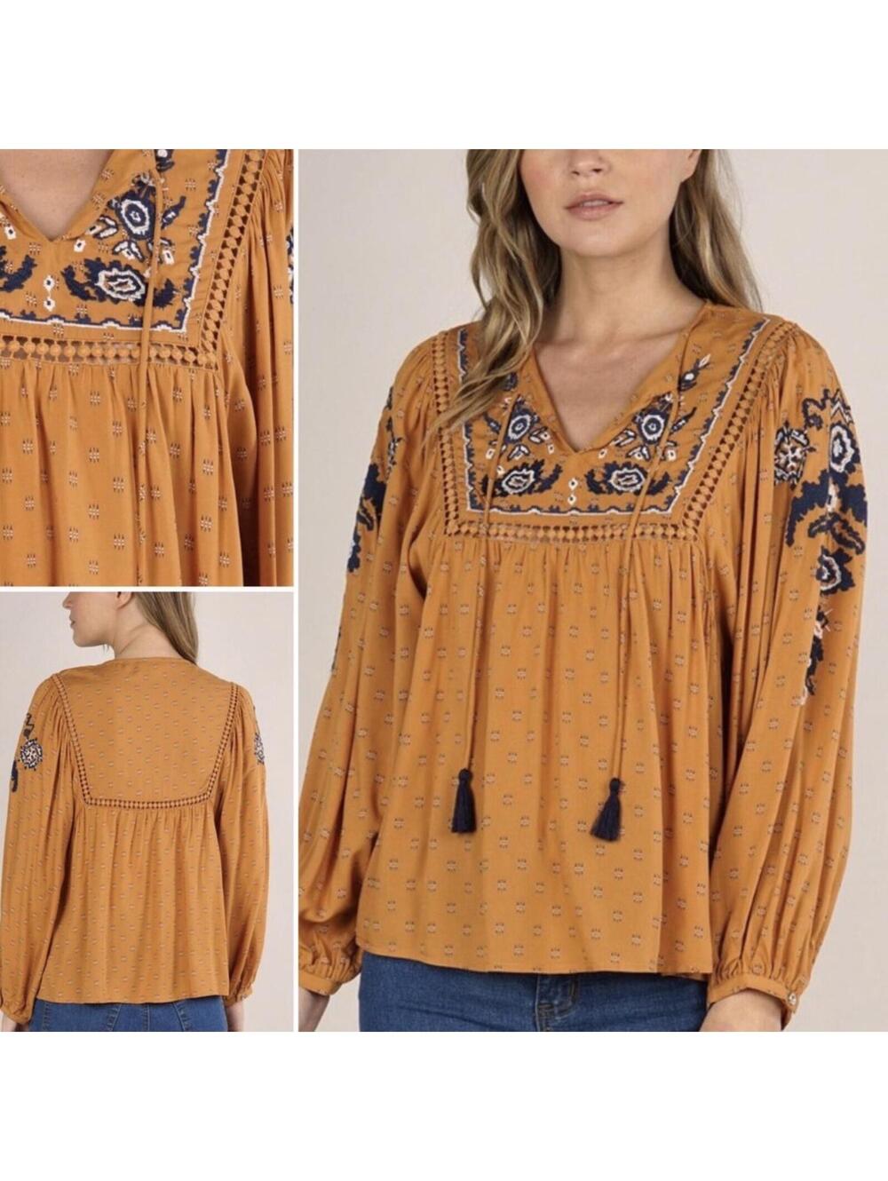 Tantrums Blouse Womens XXL Mustard Embroidered Boho Peasant Tassel Folk Top